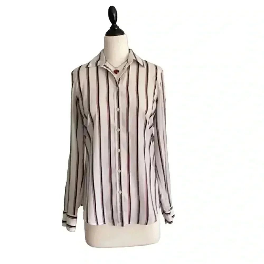 Banana Republic Women's White/Navy/Red Striped Poly Button Down Dillon Shirt